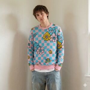 A-Lab Sweater Mens Small Pink Blue Checkered Floral Graphic Crewneck‎ Flowers